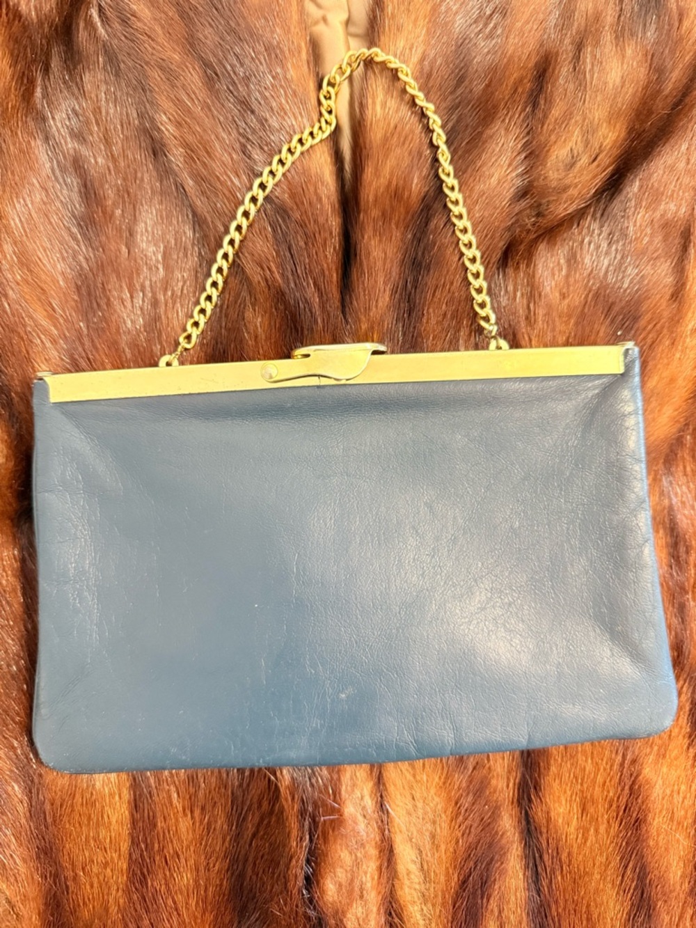 Navy Leather Chain-Handle Clutch with Gold Trim